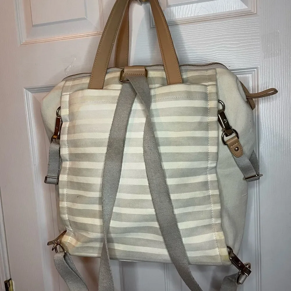 Skip Hop High line convertible Diaper Bag Beige & gray canvas tan leather straps